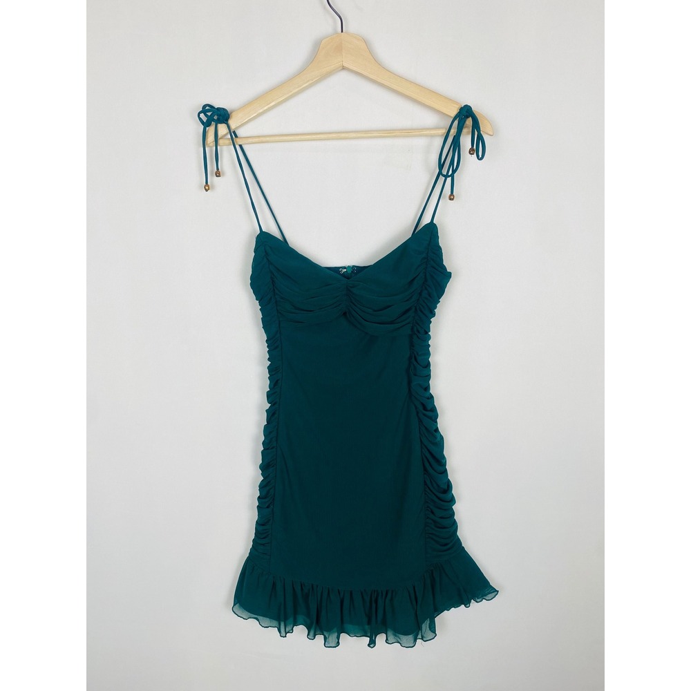 Selfie Leslie Bambi Ruched Tie Strap Ruffle Hem Mini Dress Small AUS 8 Green - Picture 3 of 8